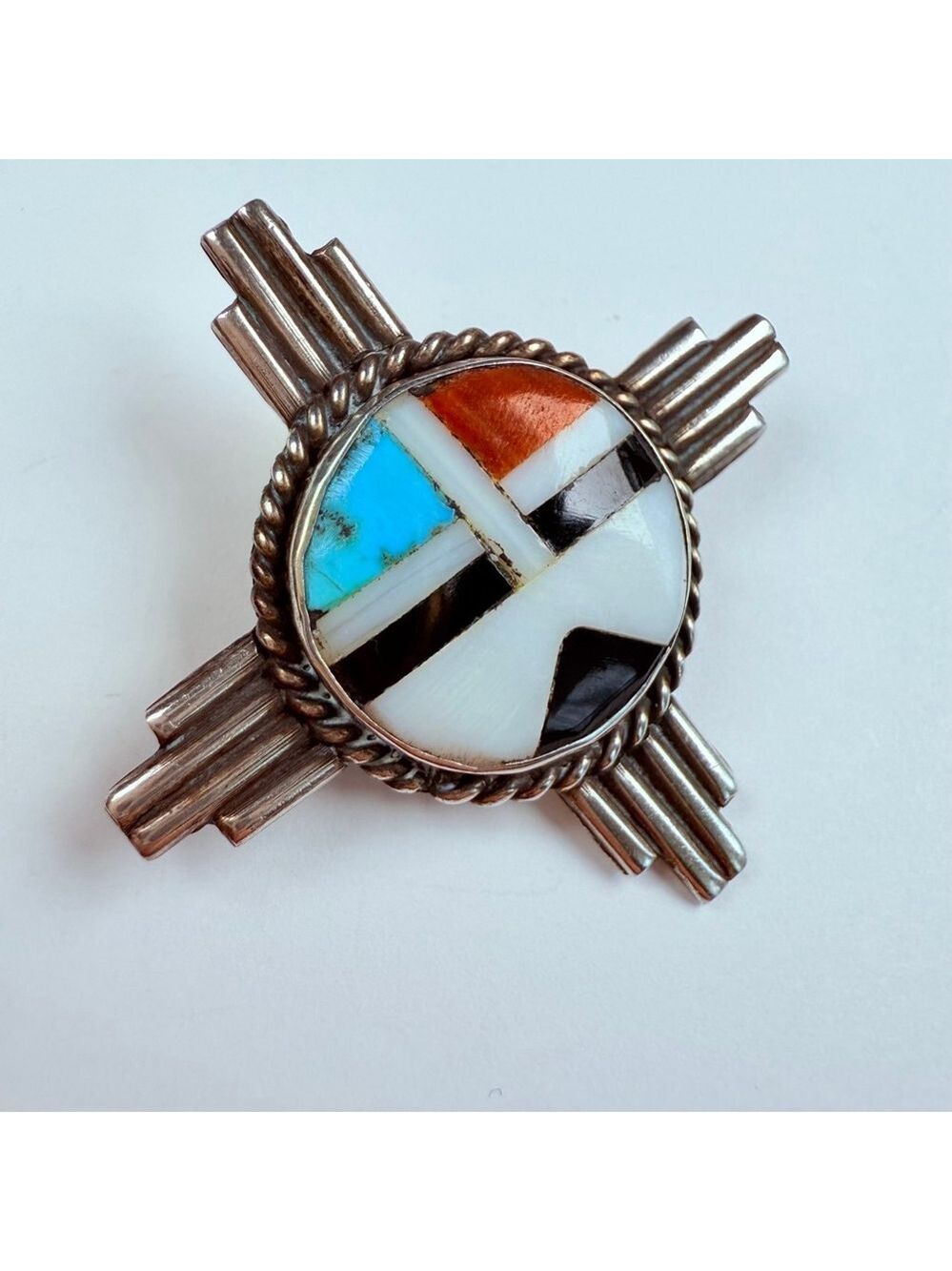 Native American Zuni Sunface Turquoise Coral Jet Sterling Silver VTG Pin Brooch - Picture 2 of 7